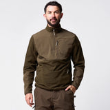 Jack Pyke Rannock Fleece Pullover in dark olive worn by a model, front view showing the smooth contrast panels, 1/4 zip and zipped chest pocket