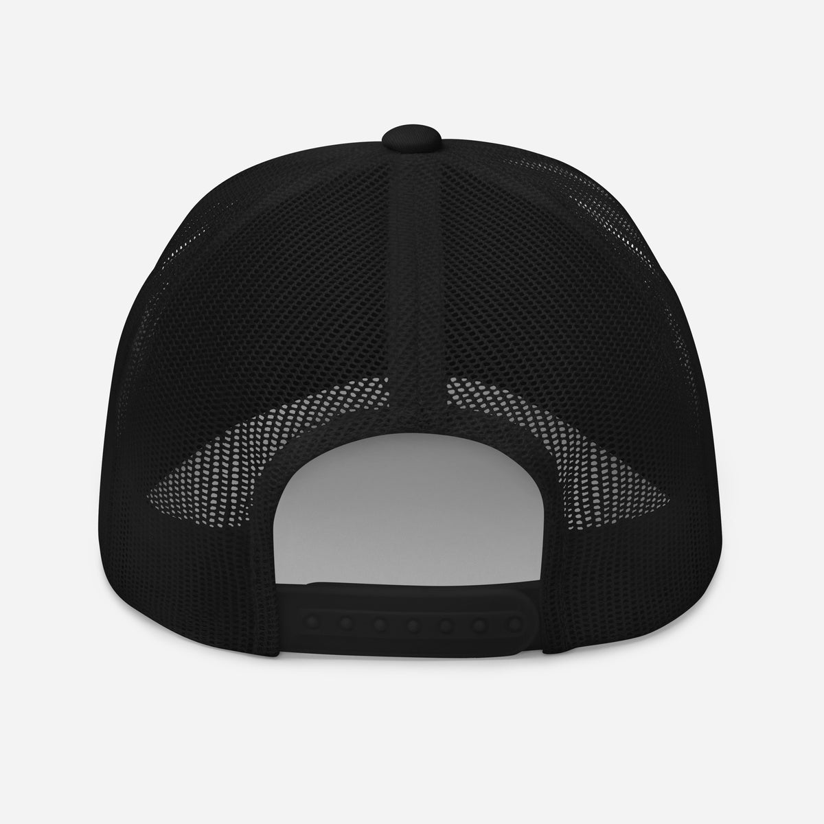 Adventure Before Dementia Trucker Cap in Black, back view of the mesh panels and adjustable snapback