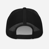 Adventure Before Dementia Trucker Cap in Black, back view of the mesh panels and adjustable snapback