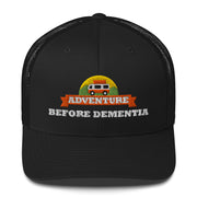 Adventure Before Dementia Trucker Cap in Black, front view of the embroidered campervan badge