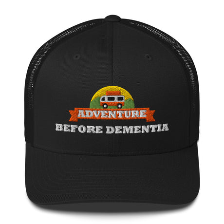 Adventure Before Dementia Trucker Cap in Black, front view of the embroidered campervan badge