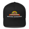 Adventure Before Dementia Trucker Cap in Black, front view of the embroidered campervan badge