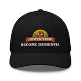 Adventure Before Dementia Trucker Cap in Black, front view of the cap and peak