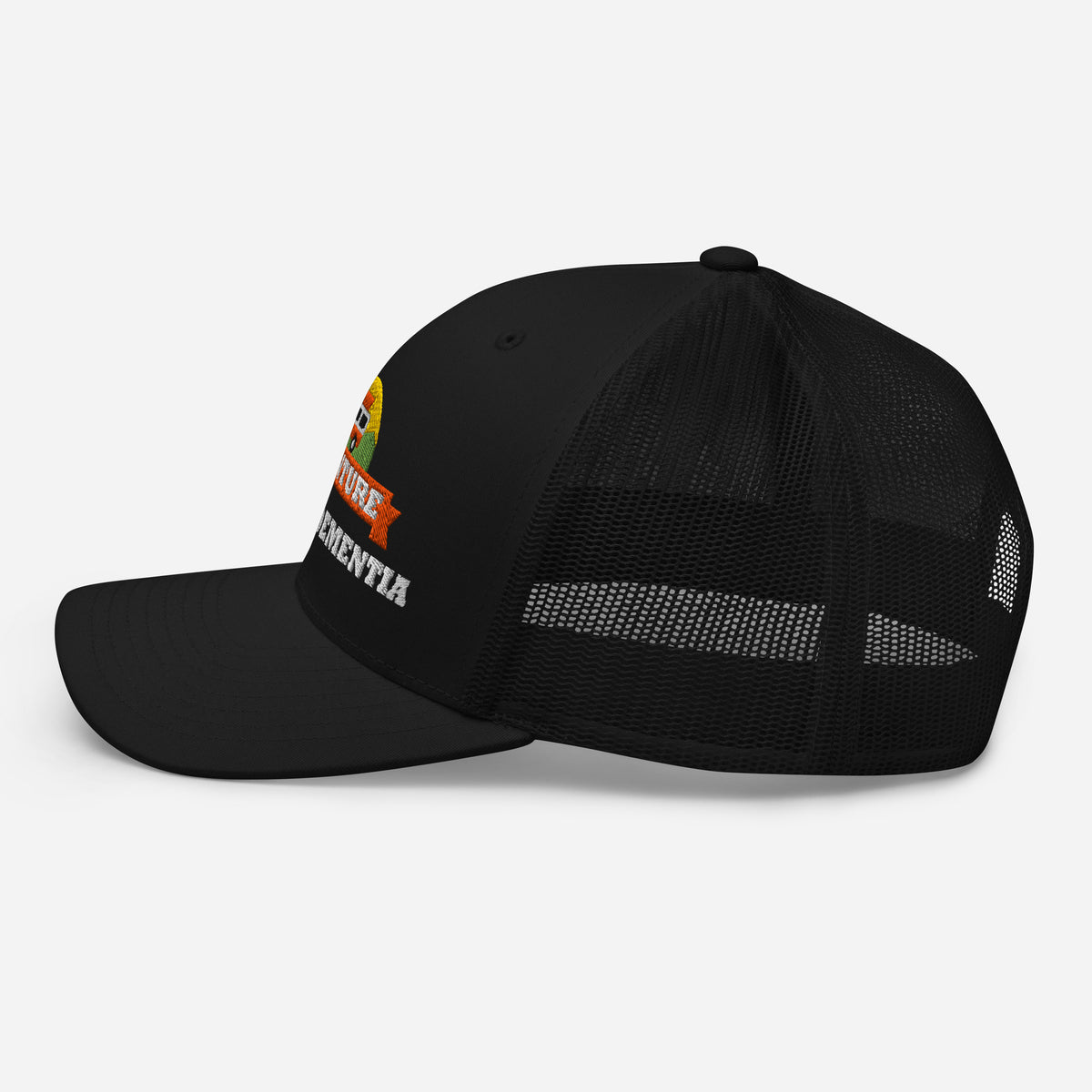 Adventure Before Dementia Trucker Cap in Black, left side view with the mesh side panel