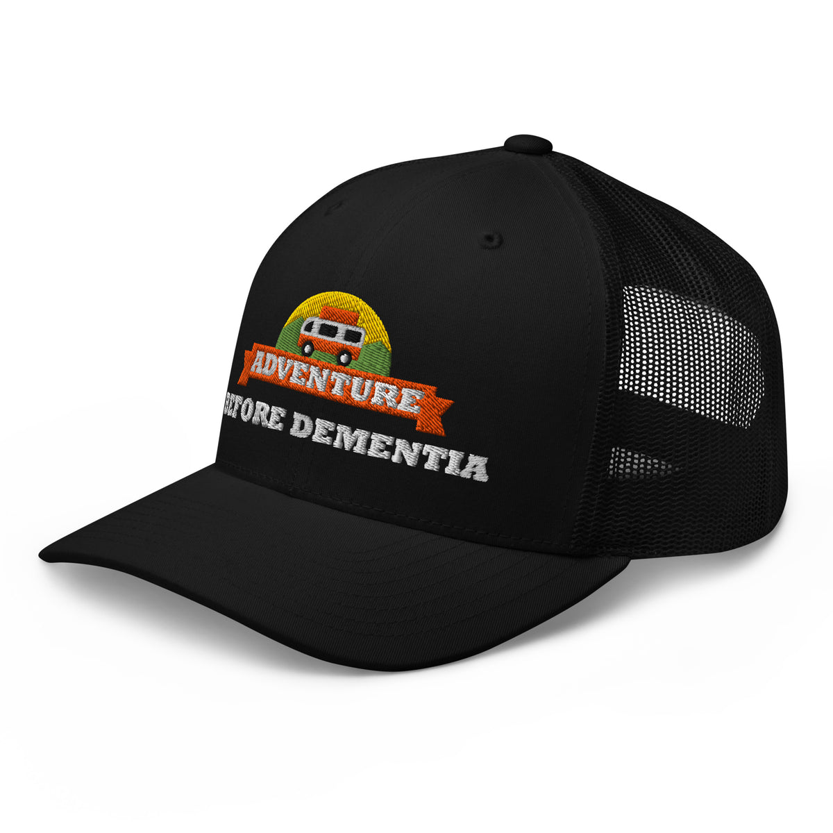Adventure Before Dementia Trucker Cap in Black, angled left front view of the embroidery
