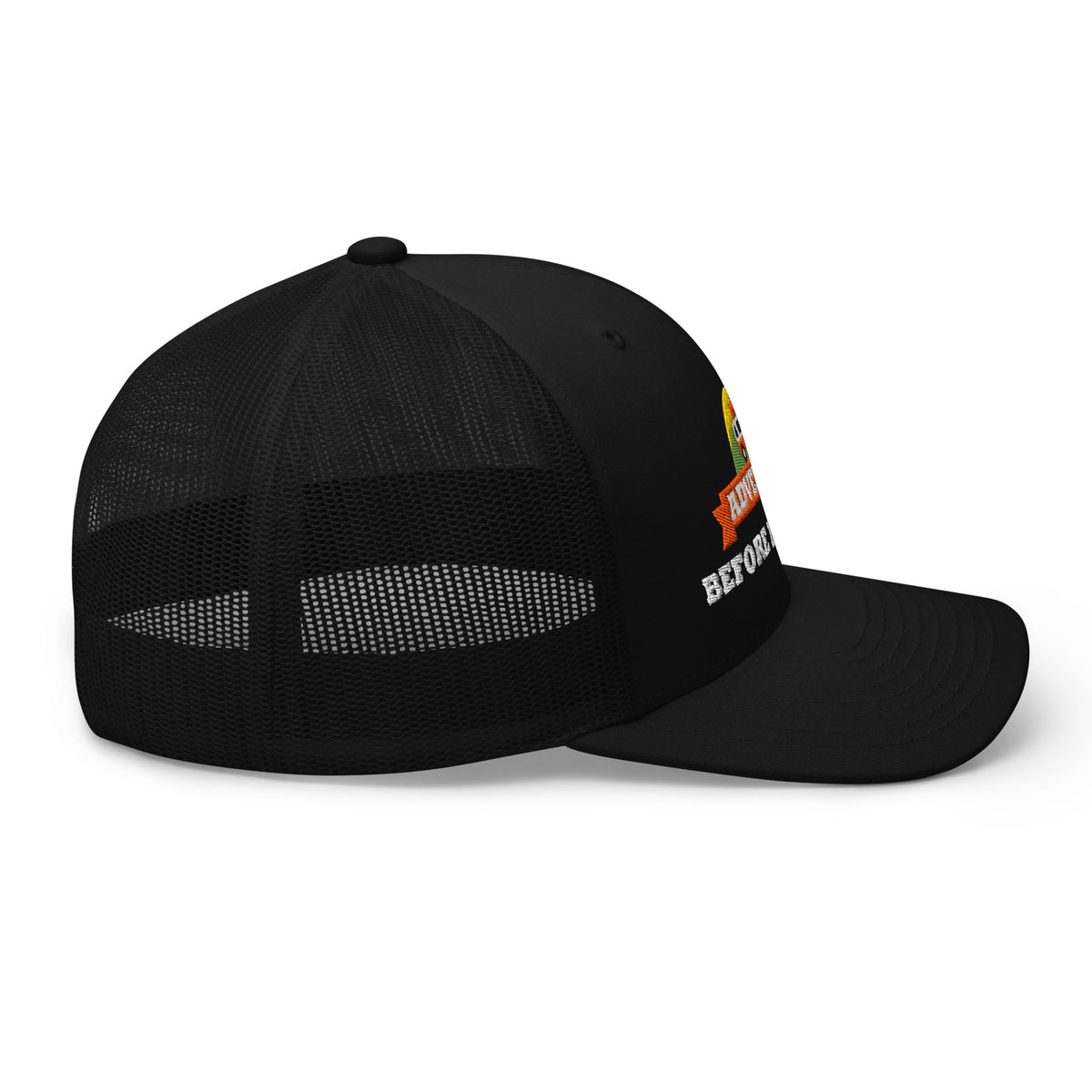 Adventure Before Dementia Trucker Cap in Black, right side view with the mesh side panel