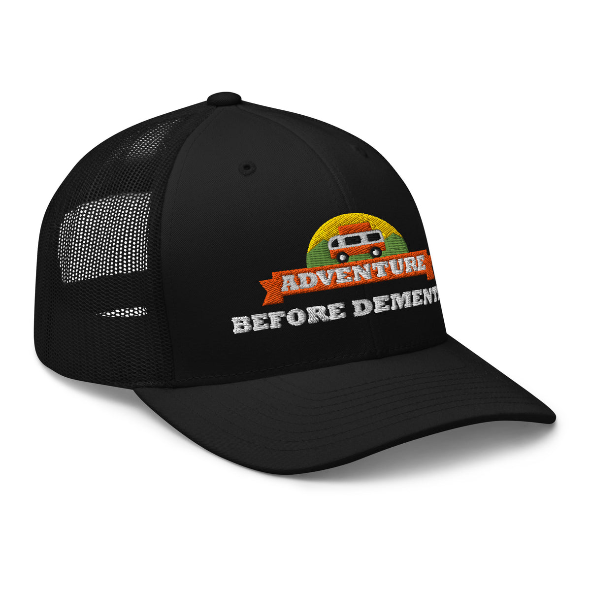 Adventure Before Dementia Trucker Cap in Black, angled right front view of the embroidery
