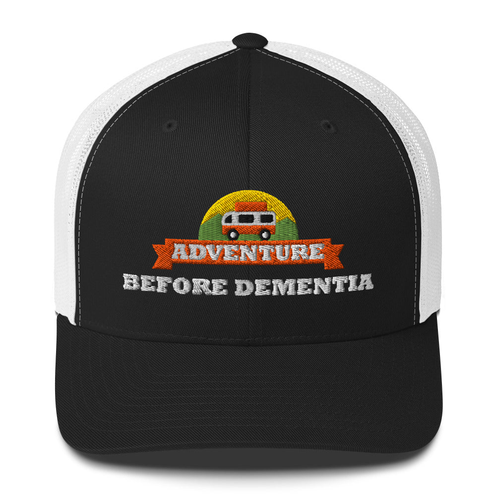 Adventure Before Dementia Trucker Cap in Black/White, black front with white mesh back