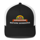 Adventure Before Dementia Trucker Cap in Black/White, black front with white mesh back