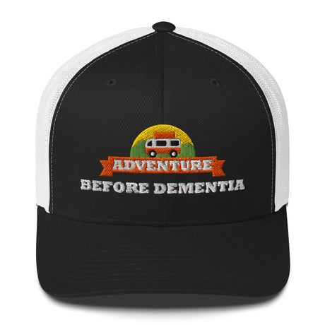 Adventure Before Dementia Trucker Cap in Black/White, black front with white mesh back