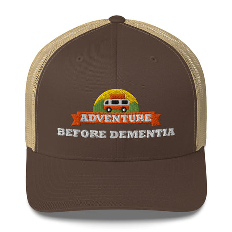 Adventure Before Dementia Trucker Cap in Brown/Khaki, brown front with khaki mesh back