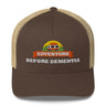 Adventure Before Dementia Trucker Cap in Brown/Khaki, brown front with khaki mesh back