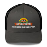 Adventure Before Dementia Trucker Cap in Charcoal/Black, charcoal front with black mesh back