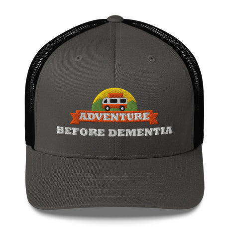 Adventure Before Dementia Trucker Cap in Charcoal/Black, charcoal front with black mesh back