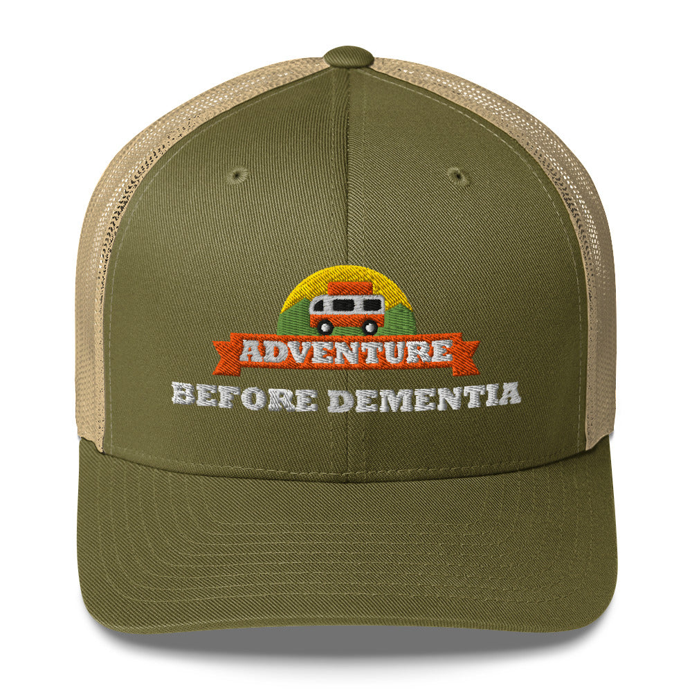 Adventure Before Dementia Trucker Cap in Moss/Khaki, moss green front with khaki mesh back