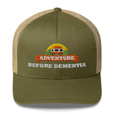 Adventure Before Dementia Trucker Cap in Moss/Khaki, moss green front with khaki mesh back