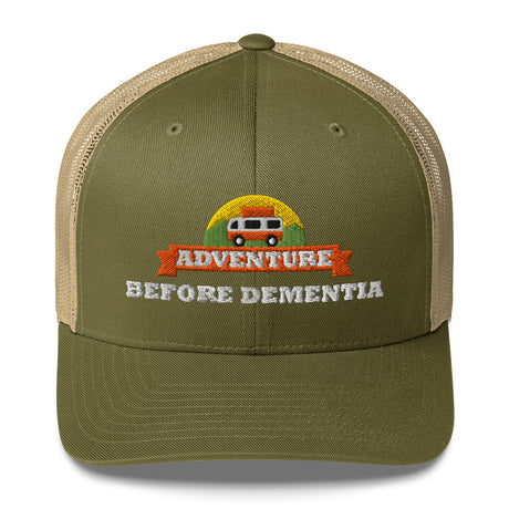 Adventure Before Dementia Trucker Cap in Moss/Khaki, moss green front with khaki mesh back