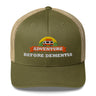 Adventure Before Dementia Trucker Cap in Moss/Khaki, moss green front with khaki mesh back