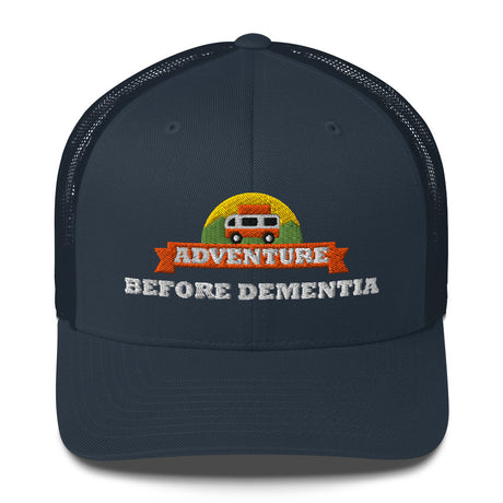 Adventure Before Dementia Trucker Cap in Navy, front view of the embroidered badge