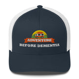 Adventure Before Dementia Trucker Cap in Navy/White, navy front with white mesh back