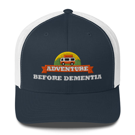 Adventure Before Dementia Trucker Cap in Navy/White, navy front with white mesh back