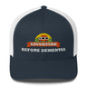 Adventure Before Dementia Trucker Cap in Navy/White, navy front with white mesh back