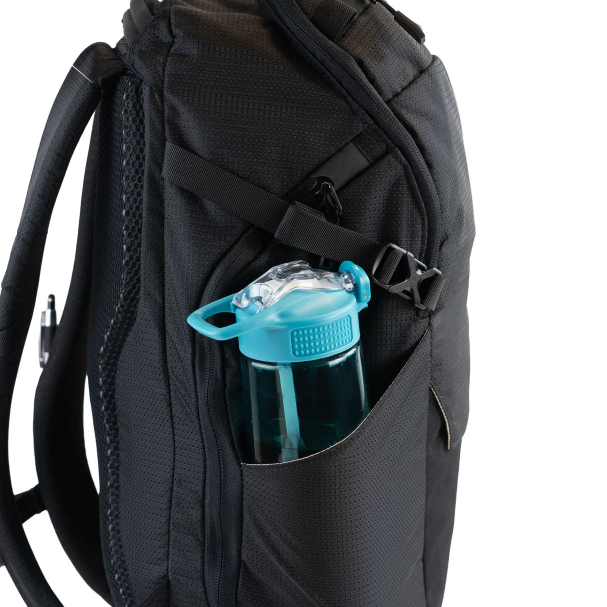 Highlander Roam Backpack 28L in black side bottle holder pocket on white background