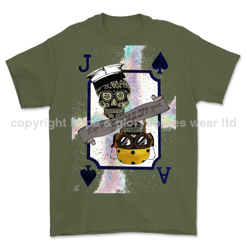 Royal Navy Aircraft Handler Playing Card Art Front Printed T-Shirt - Military Green/Olive