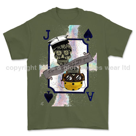 Royal Navy Aircraft Handler Playing Card Art Front Printed T-Shirt - Military Green/Olive