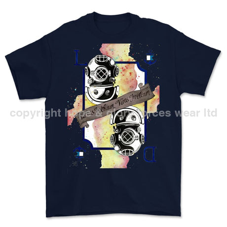 Royal Navy Diver Playing Card Art Front Printed T-Shirt - Blue
