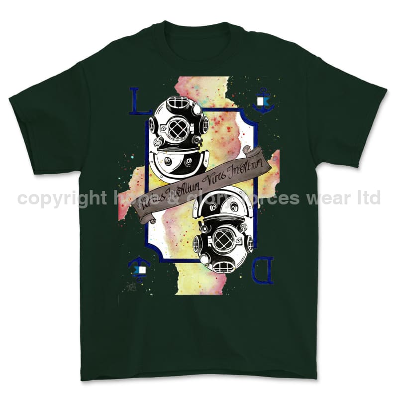 Royal Navy Diver Playing Card Art Front Printed T-Shirt - Commando Green