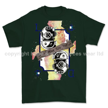 Royal Navy Diver Playing Card Art Front Printed T-Shirt - Commando Green