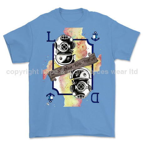 Royal Navy Diver Playing Card Art Front Printed T-Shirt - Light Blue