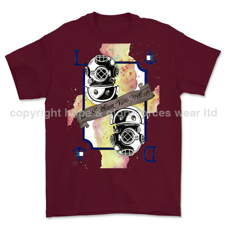 Royal Navy Diver Playing Card Art Front Printed T-Shirt - Maroon