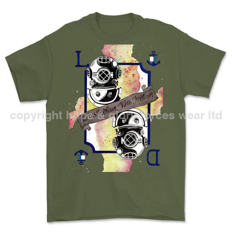 Royal Navy Diver Playing Card Art Front Printed T-Shirt - Military Green/Olive