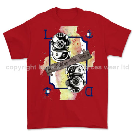 Royal Navy Diver Playing Card Art Front Printed T-Shirt - Red