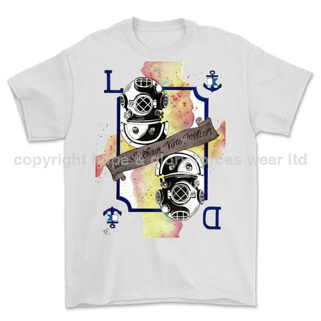 Royal Navy Diver Playing Card Art Front Printed T-Shirt - White