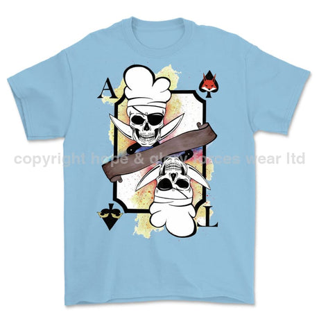 Royal Navy White Mafia Chef Playing Card Art Front Printed T-Shirt - Light Blue