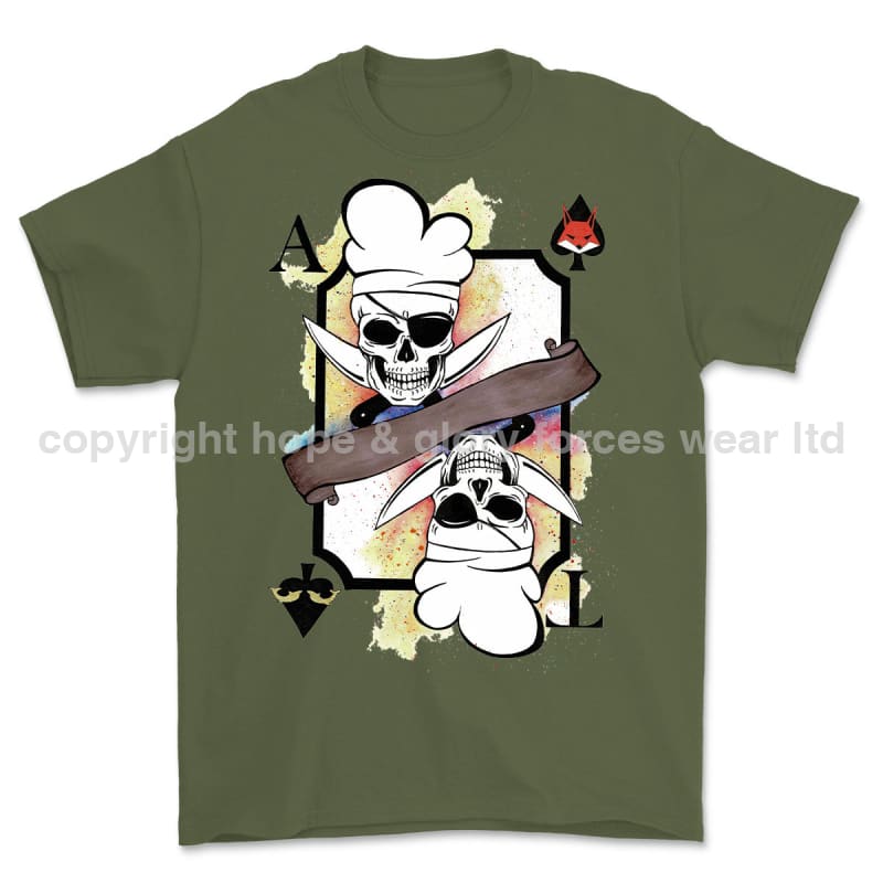 Royal Navy White Mafia Chef Playing Card Art Front Printed T-Shirt - Military Green/Olive