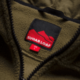 Close-up of a Sugar Loaf Shepherd Polar Fleece Hoodie in Khaki with a red and black 'Sugar loaf' logo.