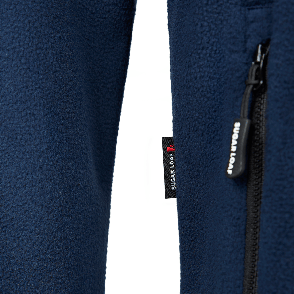 Sugar Loaf Shepherd Polar Fleece Hoodie in Navy Blue close up of branding