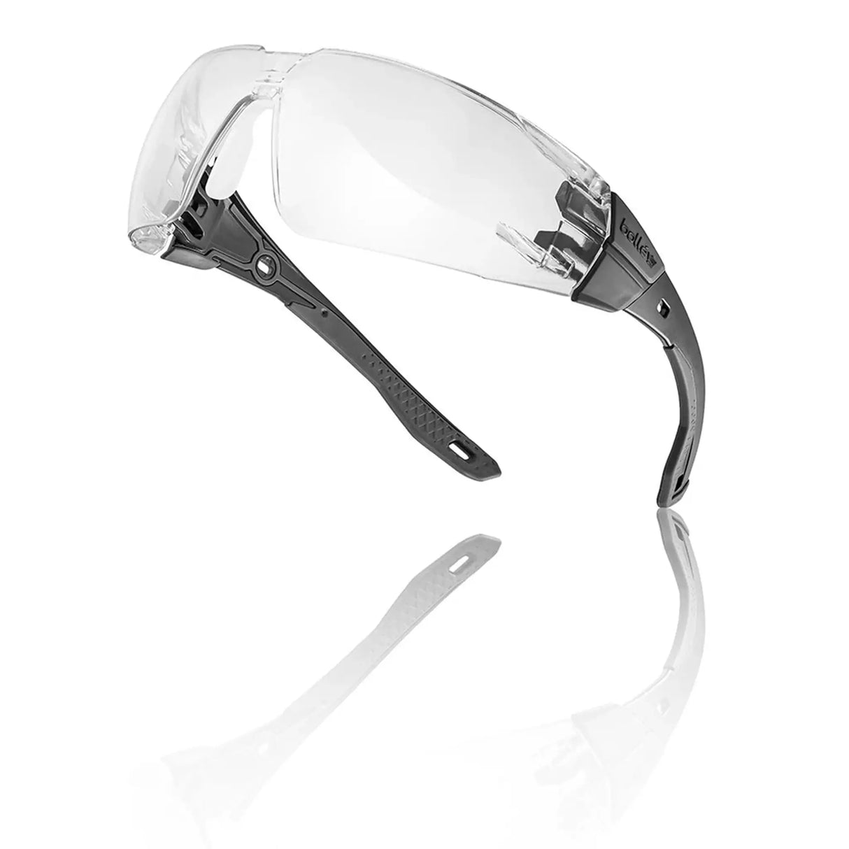 Bolle Rush+ 2.0 Safety Glasses - Grey Frame, Clear Lens from the side on white background