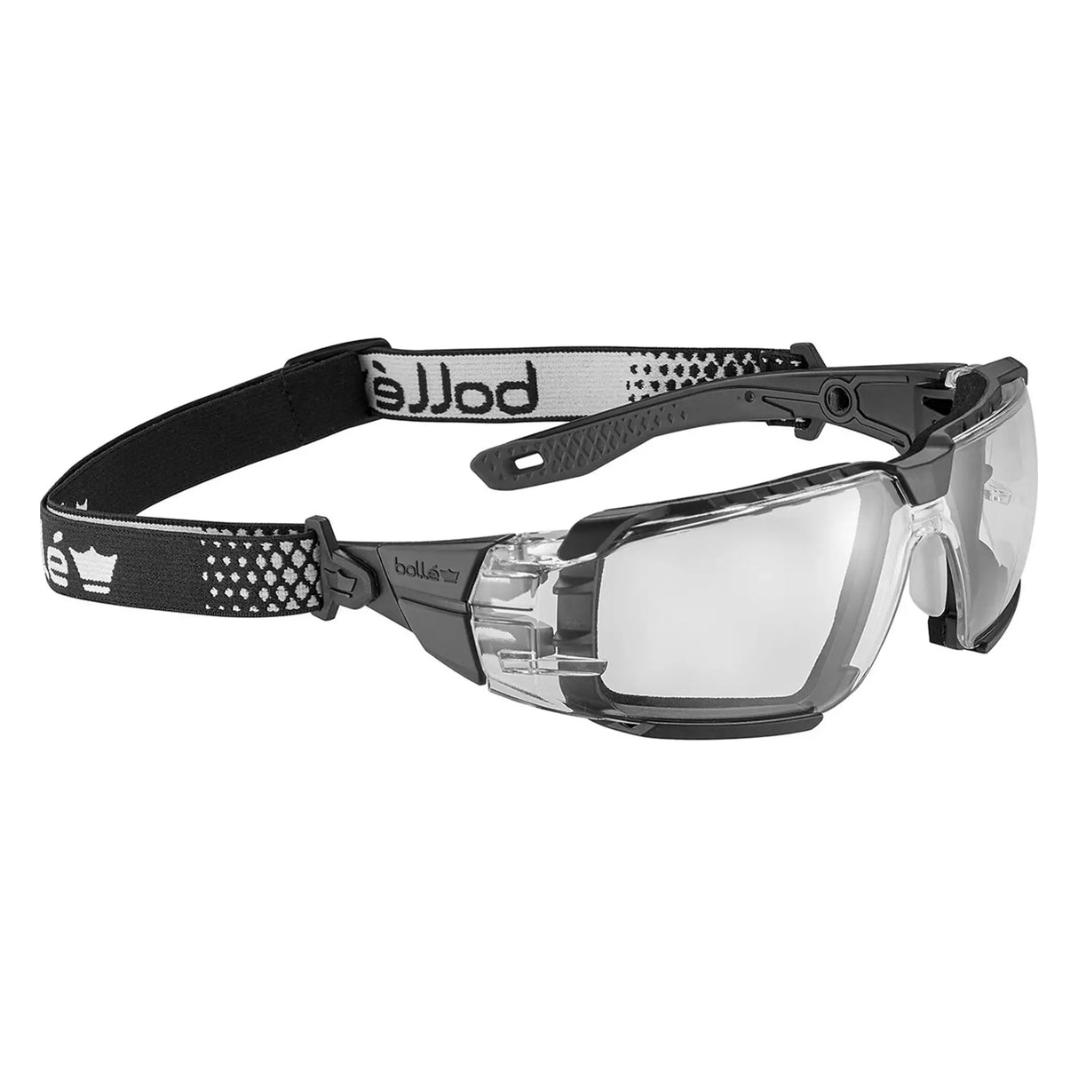 Bolle Rush+ 2.0 XP Safety Glasses - Black Frame, Clear Lens from the side on white background