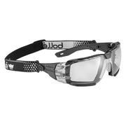 Bolle Rush+ 2.0 XP Safety Glasses - black frame, clear lens, side view on white background
