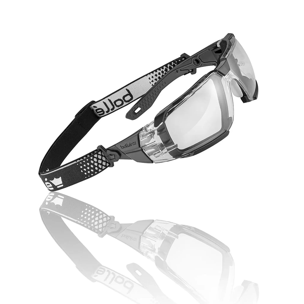 Bolle Rush+ 2.0 XP Safety Glasses - Black Frame, Clear Lens from the side on white background