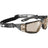 Bolle Rush+ 2.0 XP Safety Glasses - copper lens on a black frame with the foam gasket fitted and branded elastic strap attached, three-quarter view