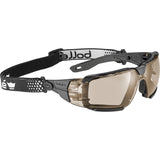 Bolle Rush+ 2.0 XP Safety Glasses - copper lens on a black frame with the foam gasket fitted and branded elastic strap attached, three-quarter view