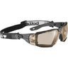 Bolle Rush+ 2.0 XP Safety Glasses - copper lens on a black frame with the foam gasket fitted and branded elastic strap attached, three-quarter view