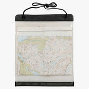Highlander Scout Map Case - transparent PVC map case open with OS map inside, black top bar and adjustable cord neck strap