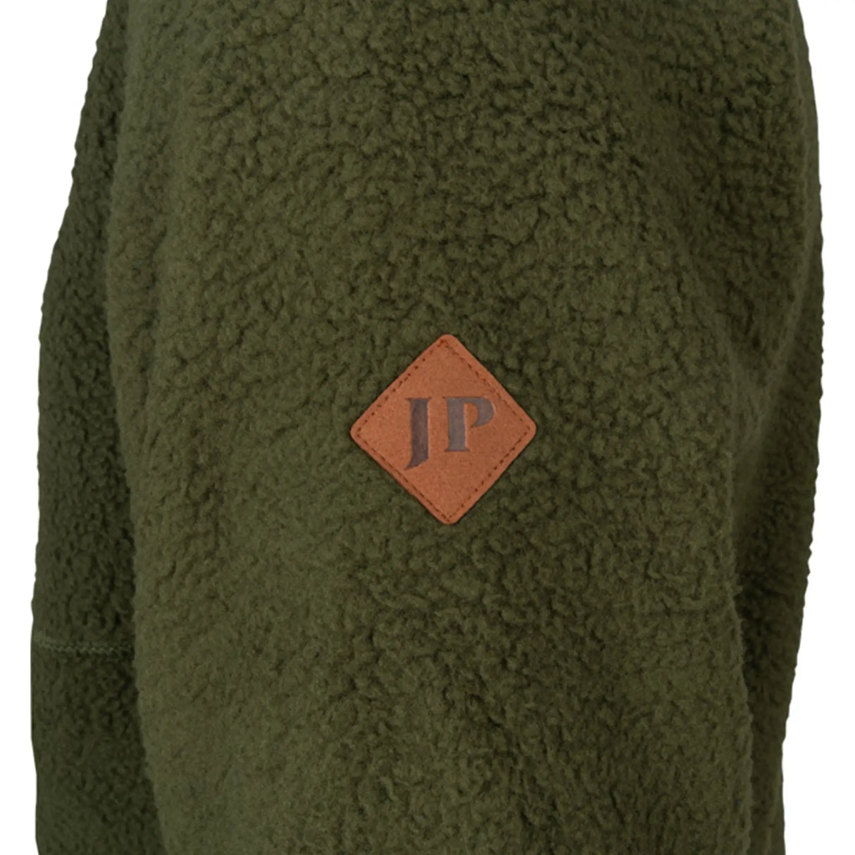 Jack Pyke Sherpa Half Zip Pullover in dark olive close up of the JP logo on the arm